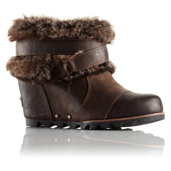 SOREL JOAN OF ARCTIC WEDGE ANKLE APRES SKI FAUX FUR BROWN LEATHER ANKLE BOOTS - Picture 1 of 13